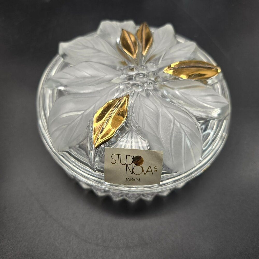 Studio Nova Crystal Dish Golden Poinsettia Floral Lid Japan JJ3974